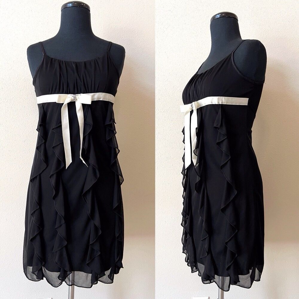 VTG Byer Girls Black Ruffle Mesh Lace Party Dress 14 Empire Waist Milkmaid Y2K